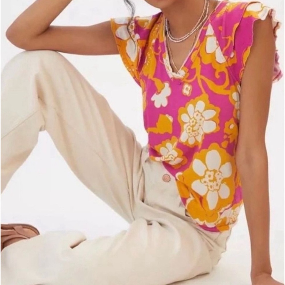 Anthropologie Maeve Catie Flutter Sleeve Pink Floral Top